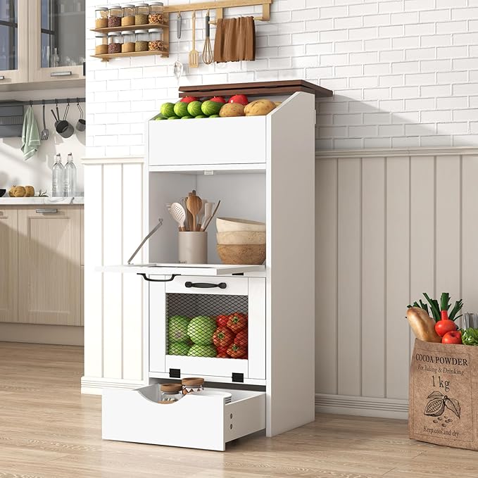 Patiorama Wood Potato and Onion Storage Bin Box with Lid, 4-Tier Farmhouse Wooden Bread Box Cabinet with 2 Mesh Doors & Rolling Drawer, Large Vegetable Storage Bin Organizer for Kitchen Pantry White