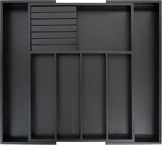VaeFae Bamboo Silverware Drawer Organizer Kitchen, Expandable Utensil Organizer with Knife Block, Cutlery Tray with Divider, Multifunctional Drawer Organizer (Black)