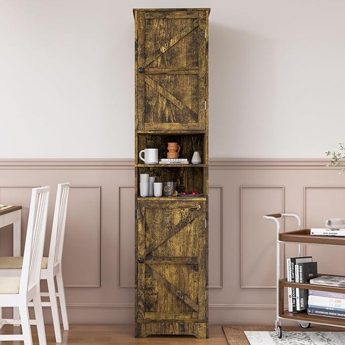 Viaozutis Tall Bathroom Storage Cabinet, Vertical Freestanding Organizer with Adjustable Shelf, Slim Design for Small Bathrooms, Towels & Toiletries Storage Retro Colors