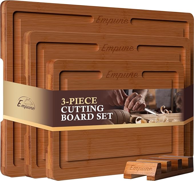 Empune Bamboo Cutting Board Set, Wood Cutting Boards for Kitchen with Holder Wooden Chopping Board for Meal Prep & Serving, Brown