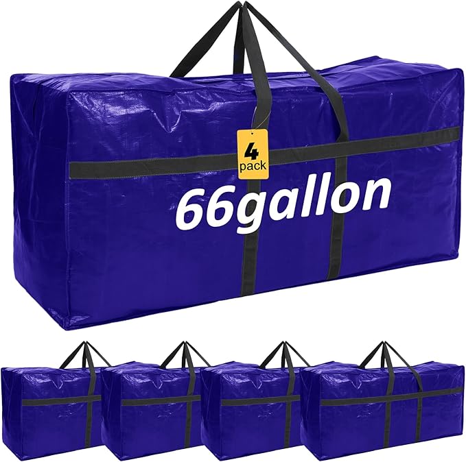 4 Pcs 66 Gallon Extra Large Moving Bags Heavy Duty Storage Bag with Strong Zipper Handle Foldable XXL Jumbo Storage Tote Packing Moving Box for College Dorm Travel Cloth Duffle (Navy Blue)