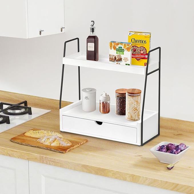 dreampossible 2-Tier Bathroom Organizer Countertop with Drawer, Wood Counter Organizer for Bathroom Decor, Sink Shelf for Vanity Storage, Makeup Tray for Perfume Skincare Bedroom Kitchen Corner