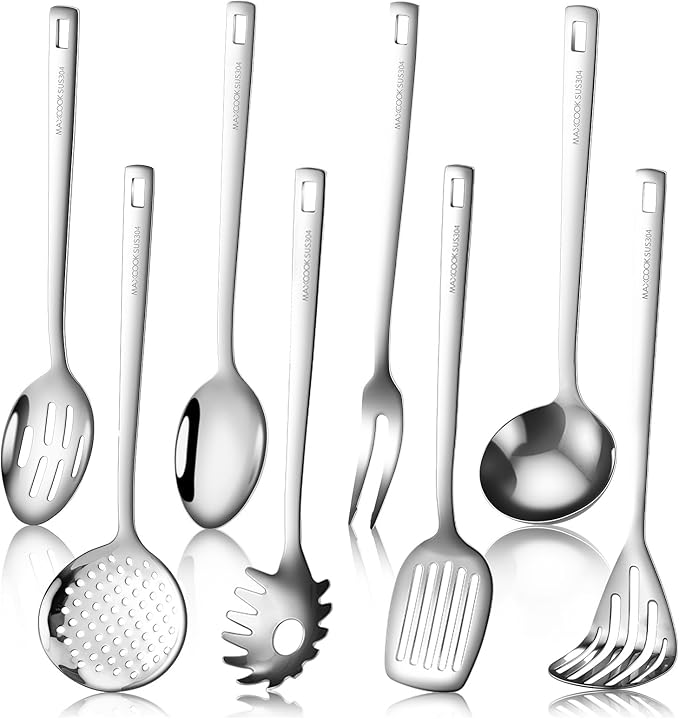 MAXCOOK 18/8 Stainless Steel Cooking Utensil set, 8 Pieces Metal Kitchen Utensils set, Slotted Spoon,Meat Fork,Ladle,Skimmer,Spatula,Spaghetti Server,Large Spoon,Masher (Dishwasher Safe, Silver)