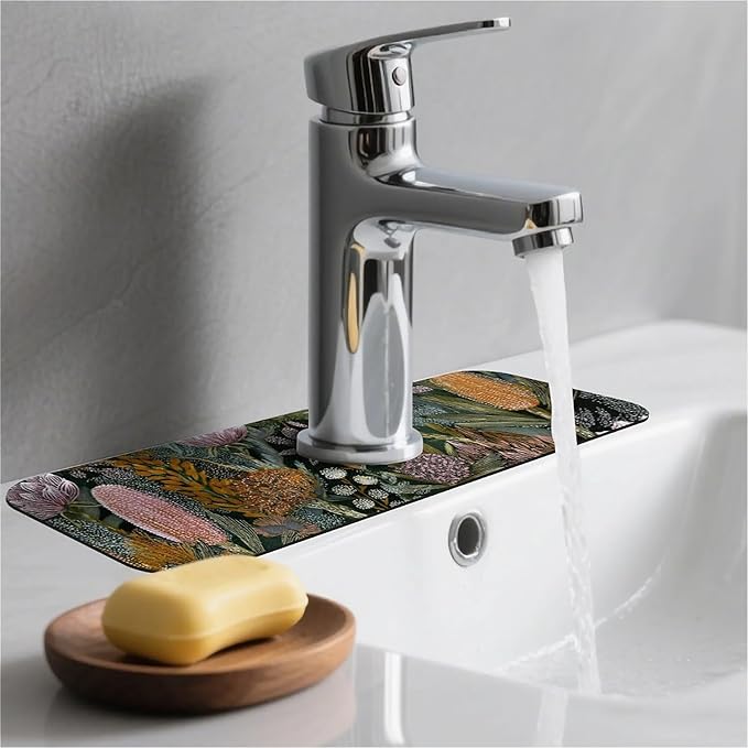 Kitchen Sink Splash Guard，Bohemian flowers and plants Faucet Mat Sink Gadgets-Super Absorbent Fast Drying Mat Drip Catcher for Kitchen, Bathroom,Sink Mat, Dish Drying Mat, Bathroom(15" X 5.5" )