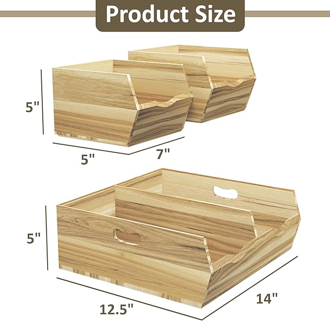 HOMESTEAD Wood Pantry Organizers Bins – Stackable Storage, Rustic Pantry Potato and Onion Storage with Unique Natural Grain, Wooden Basket with Handles, Set of 3 Pieces