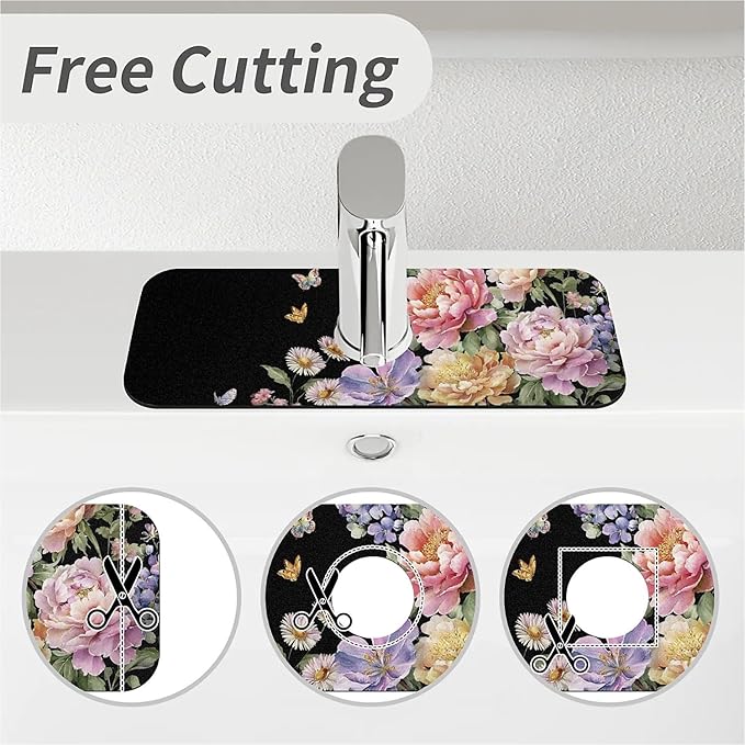 Kitchen Sink Splash Guard，Beautiful watercolor flowers Faucet Mat Sink Gadgets-Super Absorbent Fast Drying Mat Drip Catcher for Kitchen, Bathroom,Sink Mat, Dish Drying Mat, Bathroom(15" X 5.5" )