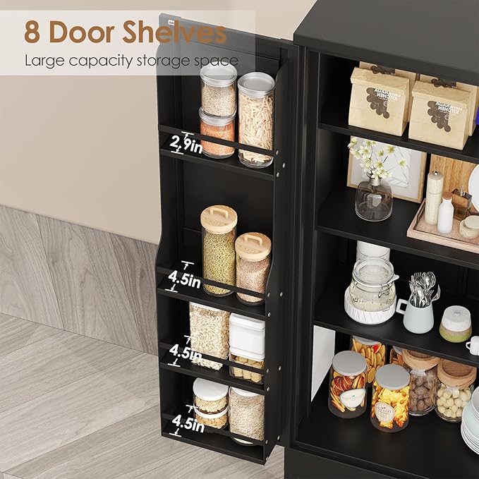 PAOFIN 47" Kitchen Pantry Cabinet, Metal Storage Cabinet with 3 Adjustable Layer Shelves, 8 Door Shelves, Buffet Sideboard for Living Room, Kitchen, Black