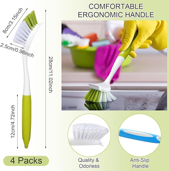 Dish Brush with Handle Kitchen Scrub Brush Pot and Pan Cleaning Dish Scrubber with Stiff Bristle for Cookware Sink Washing Household, 4 Colors, 11.02 x 3.15 x 0.98 Inch(4 Pcs)