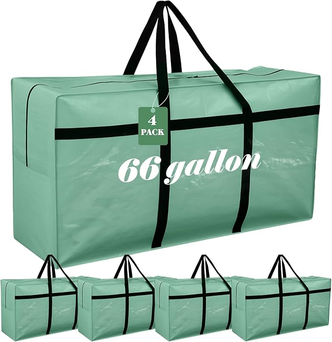 4 Pcs 66 Gallon Extra Large Moving Bags Heavy Duty Storage Bag with Strong Zipper Handle Foldable XXL Jumbo Storage Tote Packing Moving Box for College Dorm Travel Cloth Duffle (Teal)