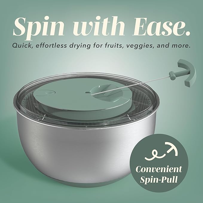 COOK WITH COLOR Stainless Steel Salad Spinner - 5 Qt. Lettuce Washer And Vegetable Spinner Dryer for Easy Salad Prep - Non Slip Base with Pull Handle - Auto Stop Brake System, Stain and Odor Resistant