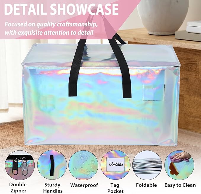 6 Pack Moving Bags Heavy Duty, Extra Large Moving Bags, Moving Supplies, Storage Bags with Handles and Zippers, Waterproof Totes for Storage Saving Packaging Shipping and Travel(Laser Silver)