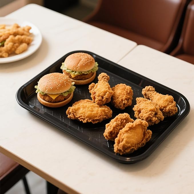 JOIKIT 8 Pack 12 x 16 Inch Fast Food Trays, Plastic Fast Food Serving Trays Rectangular Cafeteria Tray Textured Food Serving Trays for Commercial, Home Use, Black