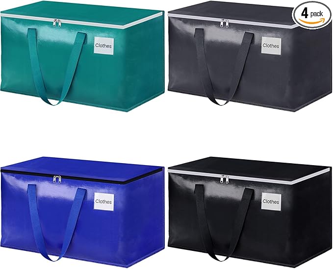 StorageRight Moving Bags-Heavy Duty Moving Boxes, Storage Totes with Zipper, Reinforced Handles and Tag Pocket-Collapsible Moving Supplies for moving, Storage and Travel 93L(Four Colors-4 Pack)