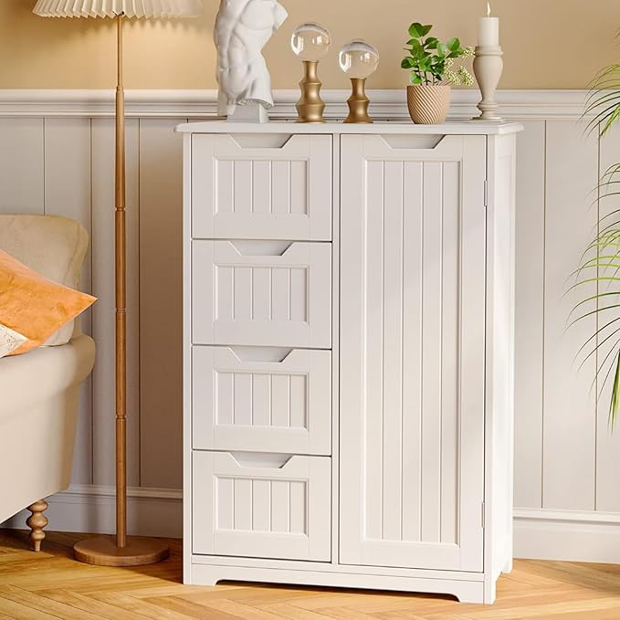 Gizoon Small Pantry Storage Cabinet with Door and Shelves, 33'' Kitchen Pantry Freestanding Wooden Bathroom Storage Cabinet with 4 Drawers for Kitchen and Dining Room, White