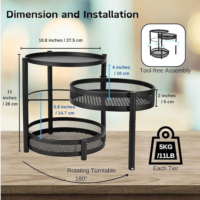 IBERG 3 Tier Spice Rack with Rotating Middle Tier, Mesh Steel Countertop Organizer for Kitchen, Coffee Bar & Bathroom (Black)