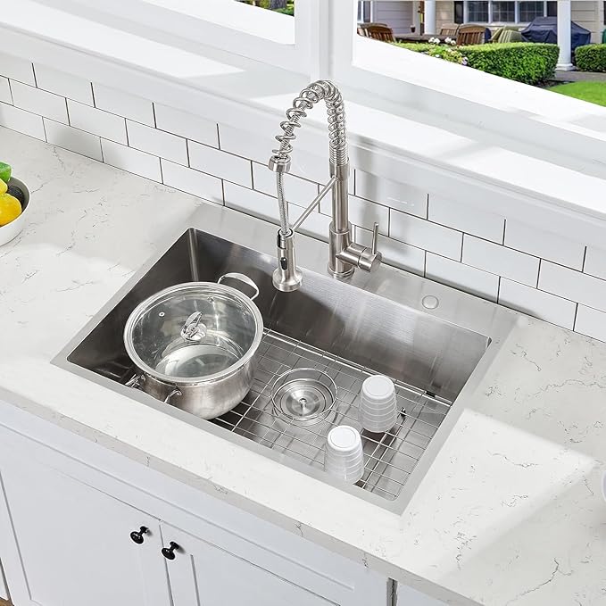 33x22 Inch Drop In Kitchen Sink, Topmount Stainless Steel Brushed Nickel Single Bowl Kitchen Sink, Extra-thick 16 Gauge For RV Laundry Utility with Dish Grid and Basket Strainer YSD013