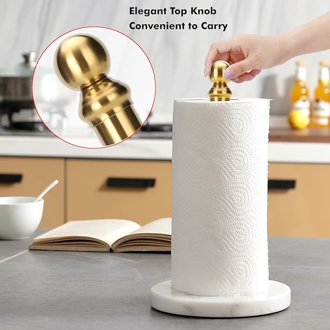 Exilon Gold Paper Towel Holder Countertop, Standing Paper Towel Roll Holder for Kitchen Bathroom, with Weighted Base for One-Handed Operation