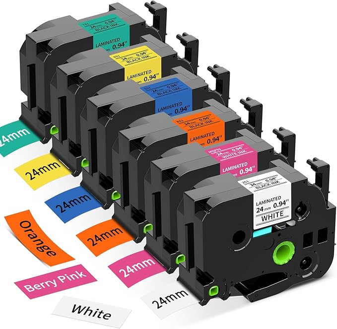 24mm Label Maker Tape Replacement for Brother P Touch TZe TZ Label Tape 1 Inch 0.94 Laminated, Compatible with PT-D600 D610BT P700 P710BT, White/Berry Pink/Orange/Blue/Yellow/Green, 26.2 feet, 6-Pack