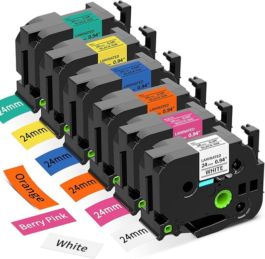24mm Label Maker Tape Replacement for Brother P Touch TZe TZ Label Tape 1 Inch 0.94 Laminated, Compatible with PT-D600 D610BT P700 P710BT, White/Berry Pink/Orange/Blue/Yellow/Green, 26.2 feet, 6-Pack