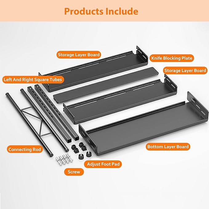 Spice Rack Organizer, 3-Tier Height-Adjustable Kitchen Countertop Spice Organizer Shelf, Metal Rust-Proof Standing Large Seasoning Organizer with Guardrail & Knife Block for Kitchen Bathroom