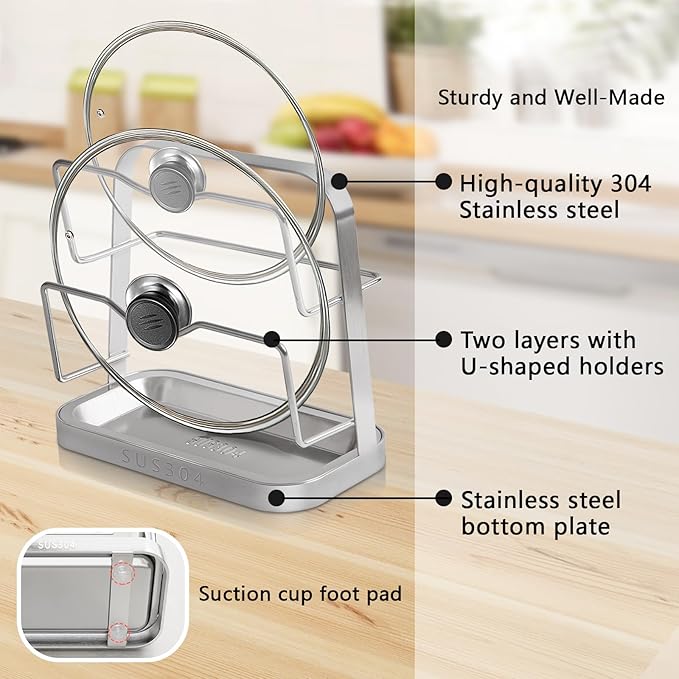 Pot Lid Holder While Cooking, 304 Stainless Steel Pot Lid Organizer and Spoon Rest for Stove top, Multifunctional Pot Lid Rack and Spoon Rest for Kitchen Counter