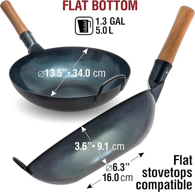 YOSUKATA Flat Bottom Wok Pan - 13.5" Blue Carbon Steel Wok + 17’’ Spatula and Ladle - Set of 2 Heat-Resistant Tools + Wok Lid 12.8 Inch