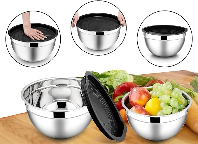 TEEM Stainless Steel 304 Mixing Bowls with Airtight Lids, Set of 3 Large Medium Small 1.5L 2L 3L (1.6QT 2.1QT 3.2QT) Food-Grade Metal Nesting Salad Bowls - Rust-Resistant, Dishwasher Freezer Safe