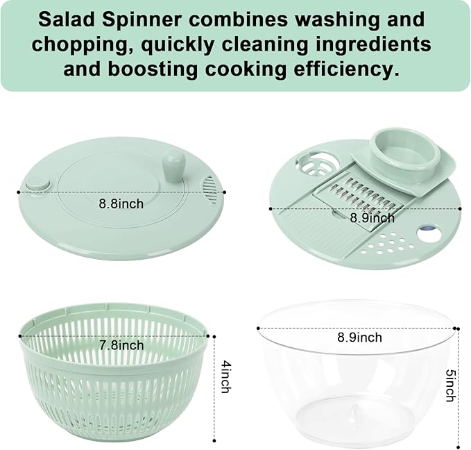 Multi-Use Large Salad Spinner, 5.3 Qt Vegetables Fruits Wash Spinner Bowl,Lettuce Dryer with 5 Blades,Egg Yolk Strainer Slicer Shredder, Salad Bowl for Efficient Preparation-Green