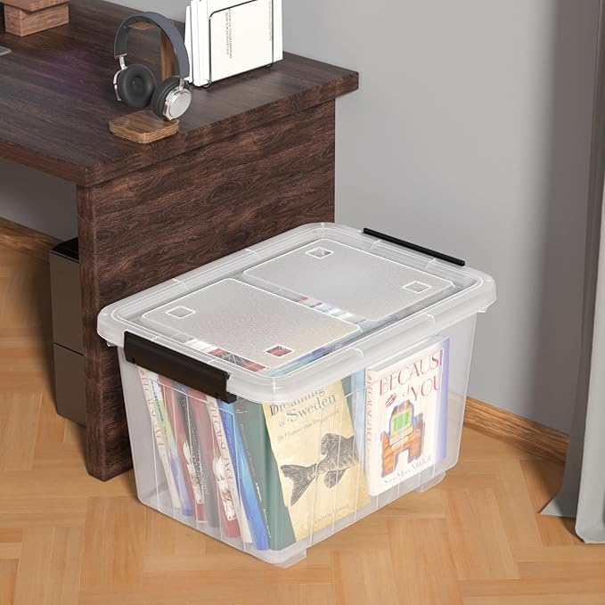 50 Quart Large Plastic Storage Box with Wheels, Latching Box with Lid, Wheeled Storage Bin, 4 Packs