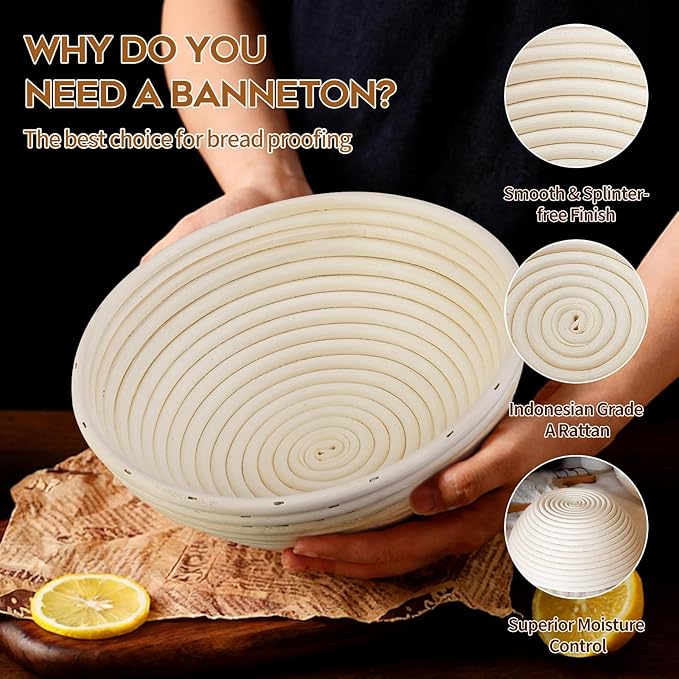 Dimpola Banneton Bread Proofing Basket Banneton Basket Set Sourdough Proofing Basket Round Proofing Bowls Handmade Rattan Baskets and Liners (Round of 2 Gift Set)
