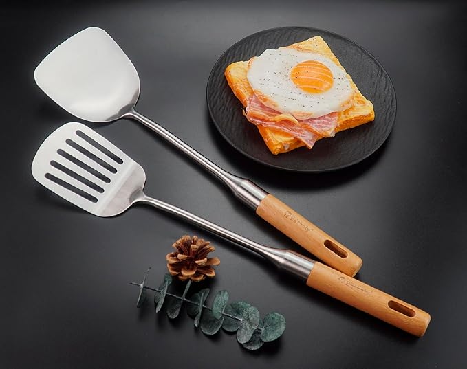 Stainless Steel Cooking Utensils Set with Wooden Handle, 7 Pcs Long Kitchen Utensil Set Stainless Steel, Heat Resistant Metal Spatula Set for Cooking with Turners, Skimmer, Ladle, Pasta Fork