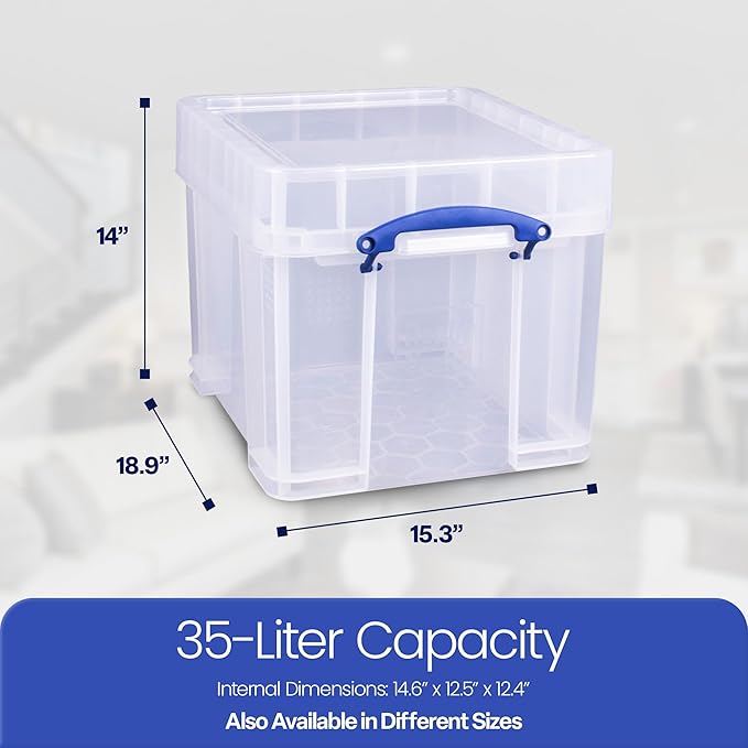 Really Useful Box 35 Liters Transparent Storage Container with Snap Lid and Clip Lock Handle for Lidded Home and Item Storage Bin, 6 Pack