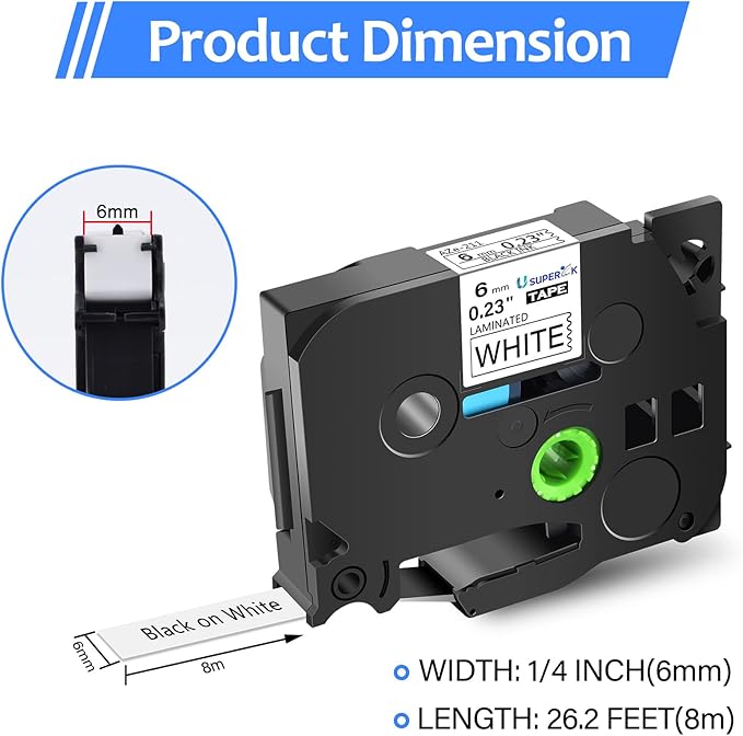 10 Pack Compatible for Brother P-Touch Label Maker Tape TZ-211 TZe-211 TZe211 TZ211 Black on White 6mm TZe TZ Tape 0.23'' 1/4 inch Laminated Label for PT-D210 H110 H100 D400 D600 D200 P700