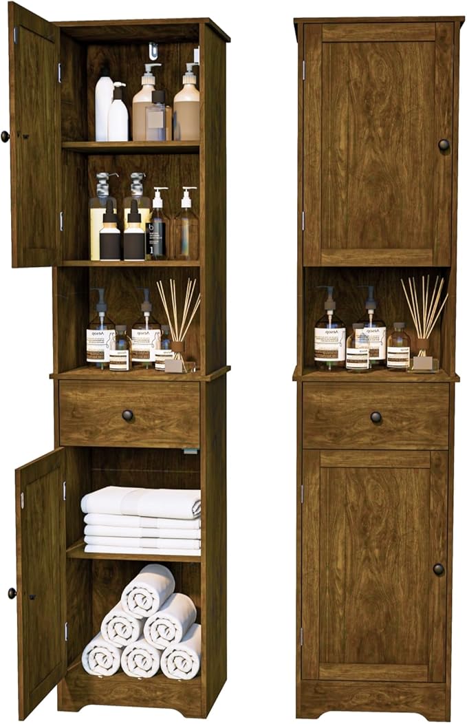 Viaozutis Tall Bathroom Cabinet, Storage Cabinet with 2 Doors & 2Drawer, with Ajustable Shelve, for Bathrooms, Kitchens,Entrances,Bedrooms（Retro Color）