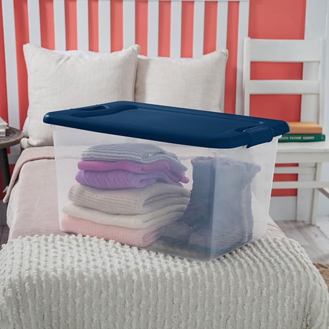 Sterilite 18-Pack Color Program, Large Clear Plastic Storage Bins with Lids, 64 Quart, Blue - Stackable Organizing Container Boxes for Closet, Bathroom, and Office