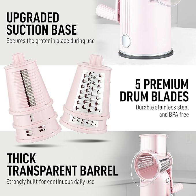 Zulay Kitchen Rotary Cheese Grater 5 Blade Cheese Shredder - Manual Hand Crank Cheese Grater With Reinforced Suction & 5 Interchangeable Drums - Easy to Use, Vegetable Chopper Round Mandoline Slicer