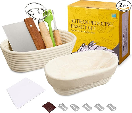 Dimpola Banneton Bread Proofing Basket Banneton Basket Set Sourdough Proofing Basket Round Proofing Bowls Handmade Rattan Baskets and Liners (Oval of 2 Gift Set)