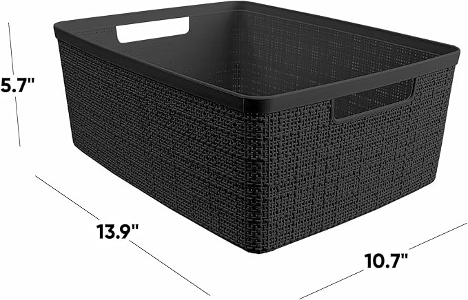 Curver Set of 6 Medium 12L Jute Decorative Plastic Organization and Storage Baskets - Perfect Bins for Home Office, Closet Shelves, Kitchen Pantry and All Bedroom Essentials, Black