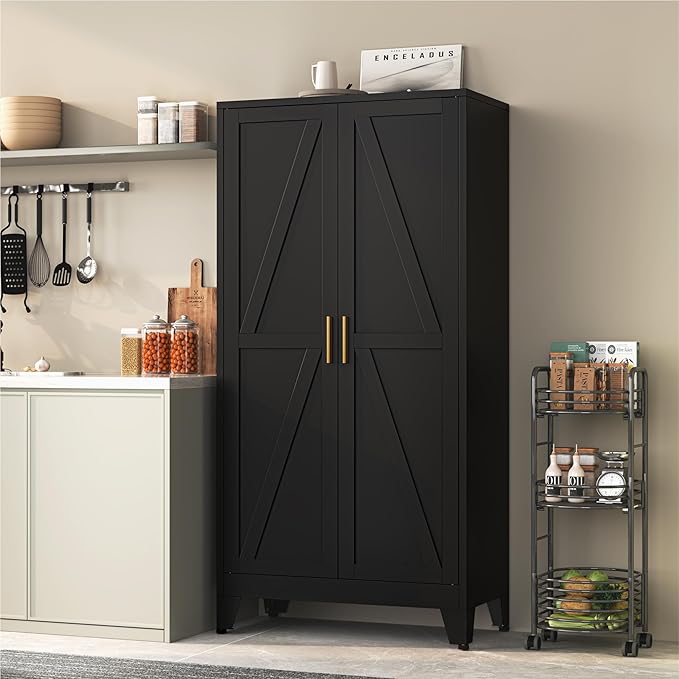 YAUWOH 61''Metal Cabinet with 3 Adjustable Shelves,4-Tier Pantry Storage Cabinet,Kitchen Pantry Cabinet for Living Room,Dining Room, Black