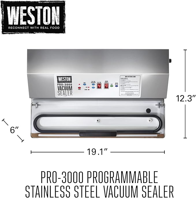 Weston Brands Vacuum Sealer Machine for Food Preservation & Sous Vide, Extra-Wide Bar for Sealing Bags up to 15" Wide, 935 Watts, Commercial Grade Pro 3000, Programmable LED Controls, Stainless Steel