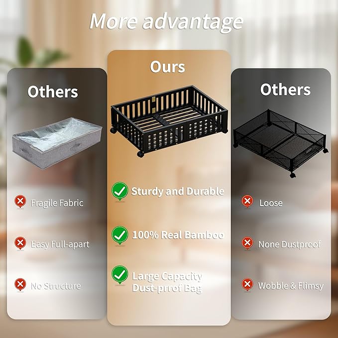 Bamboo Under Bed Storage with Wheels,Rolling Underbed Shoe Organizer Box for Shoes,Blankets,Toys,Clothes Container Space-Saving Bins for Bedroom,Closet,Dorm,Nursery