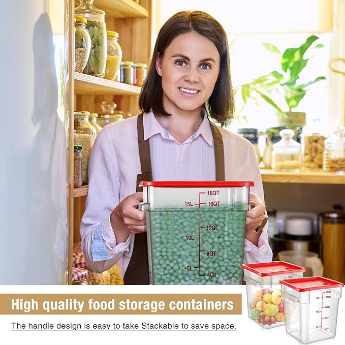 Suclain 2 Pcs Square Food Storage Container Polycarbonate Clear Food Container with Lid Commercial Rice Storage with Graduations for Commercial Kitchen(18 Qt,Red)