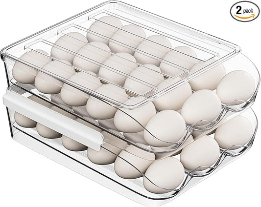 Proarea Egg Holder for Fridge 36 Capacity Automatic Rolling Egg Organizer for Refrigerator, Clear Stackable Container for Kitchen or Pantry Storage 2 Pack