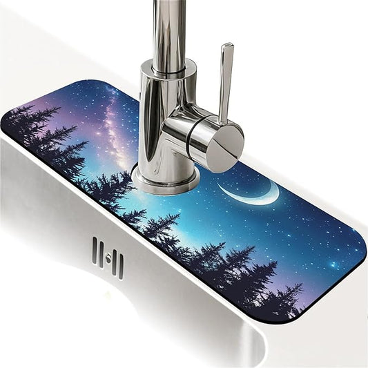 Kitchen Sink Splash Guard，Starry sky Milky Way forest Faucet Mat Sink Gadgets-Super Absorbent Fast Drying Mat Drip Catcher for Kitchen, Bathroom,Sink Mat, Dish Drying Mat, Bathroom(15" X 5.5" )