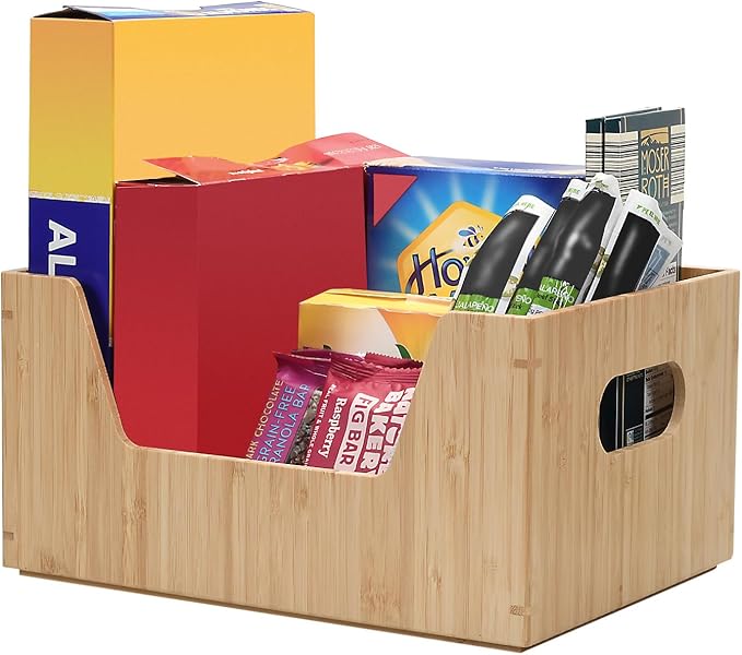 MobileVision Bamboo Storage Box Set Open Front Bin Organizers to use in kitchen pantries, cabinets and countertops 1 Large & 1 Small box included