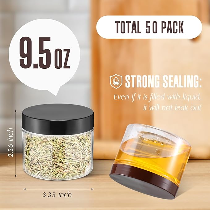 Mifoci 50 Pcs 9.5oz Clear Plastic Jars Containers Wide Mouth Food Storage Jar for Kitchen Dry Food Butter Honey Cosmetics Cream, Black and Brown (3.35''l x 2.56''h)