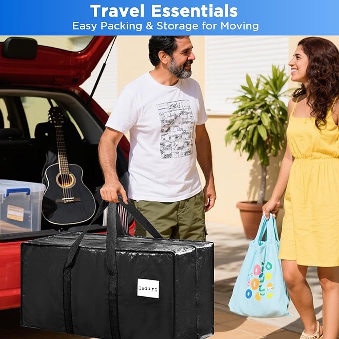 BETU Extra Large Moving Bags Heavy Duty Storage Bags with Zipper Handles, 12 Pack Clothes Storage Totes Bins Packing Moving Boxes, Moving Supplies for College Dorm Essentials, Space Saving, Black