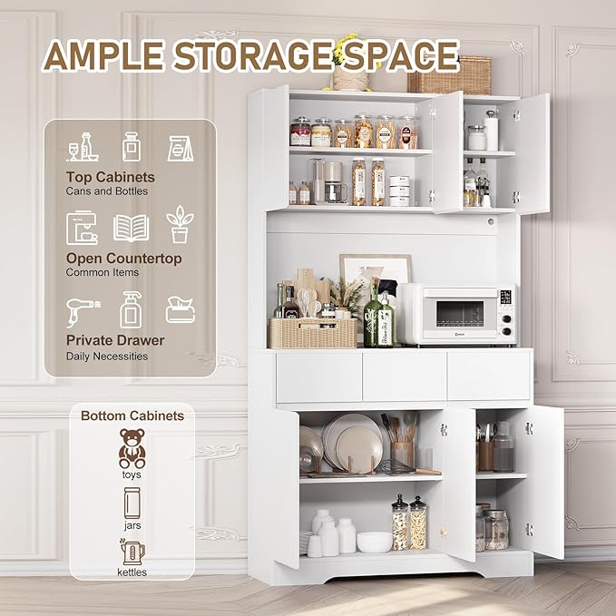 71" Pantry Cabinet with Charging Station and LED Lights, Tall Kitchen Pantry Storage Cabinet with Microwave Stand, Modern Hutch with Storage Drawers for Dining Room, Living Room (Milk White)