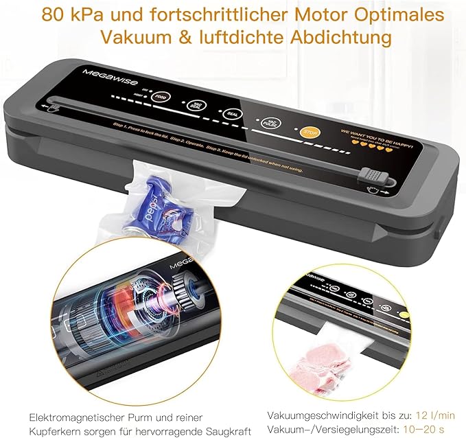 MegaWise Food Vacuum Sealer Machine – High-Power 80kPa Suction, One-Touch Operation, Built-in Cutter – Works with All Food Types, Includes Bags & Hose (Black), Keeps Food Fresh 5x Longer