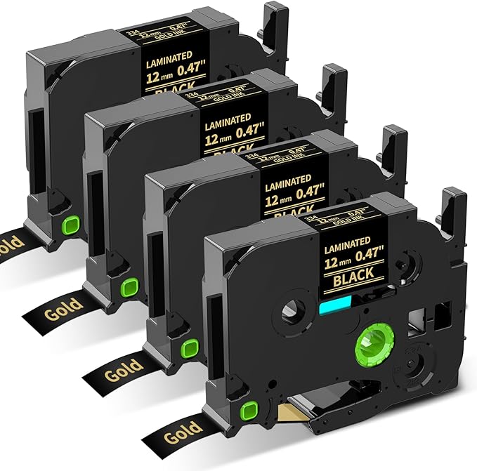 Replacement for Brother P Touch Label Tape Gold on Black TZe-334 TZe334 TZe TZ Tape 12mm 0.47 Laminated, Compatible with PT-D210 PT-D220 PT-H110 PT-D400 PT-D410 PT-D600, 1/2 in x 26.2 ft, 4-Pack